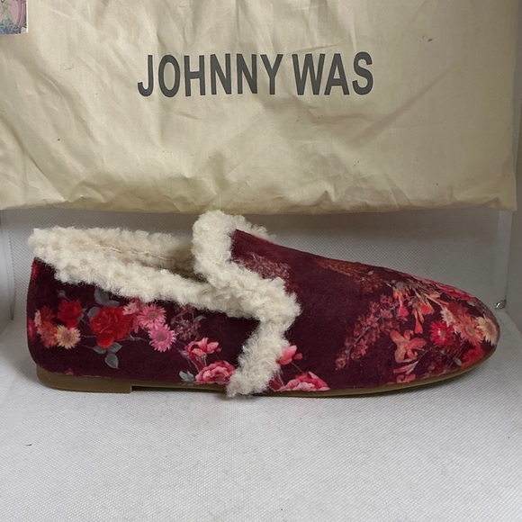 Johnny Was Sweet Bouquet Floral Cozy Shearling Loafer Slippers Burgundy Size 7 - Picture 8 of 13